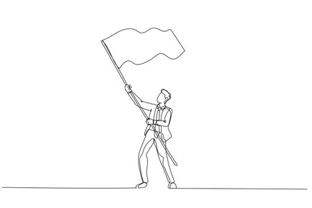 Drawing of businessman with flag. Continuous line art styleのイラスト素材