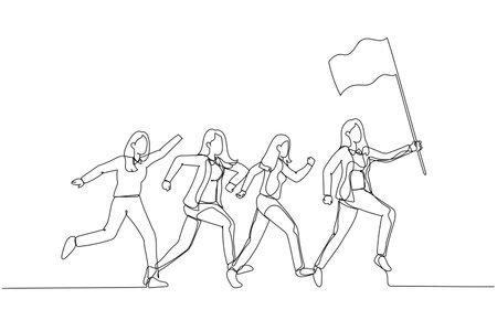 Illustration of businesswoman hold flag and lead the way. Single line art styleのイラスト素材