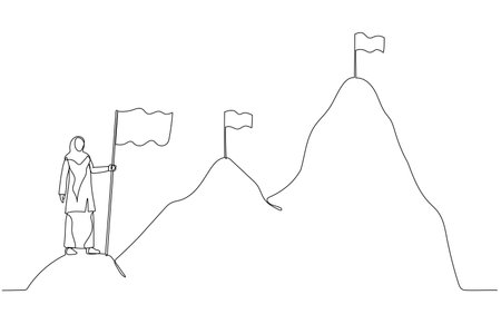 Cartoon of muslim woman enterpreneur climbing up mountains concept of business development. One line art styleのイラスト素材