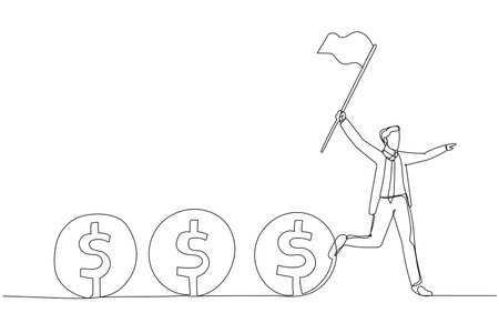 Cartoon of businessman leader holding flag control flow of money concept of cash flow. One line art styleのイラスト素材
