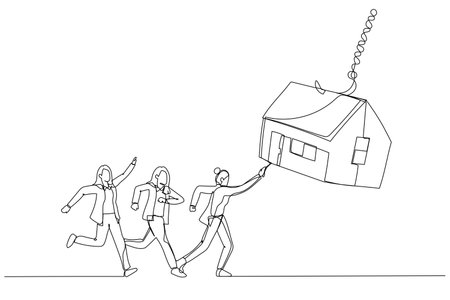Cartoon of group of businesswoman try to get house bait on fishing hook. Single continuous line artのイラスト素材