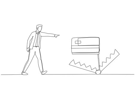 Illustration of businessman walk into credit card trap showing danger of debt. Single line art styleのイラスト素材