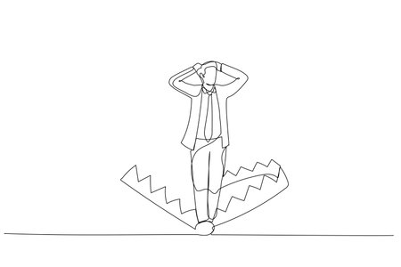 Drawing of businessman standing being caught in mouse trap metaphor of business risk. Single continuous line art styleのイラスト素材