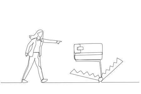 Drawing of business woman walk into credit card trap showing danger of debt. One line art styleのイラスト素材
