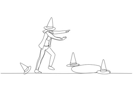 Cartoon of blindfold business woman walking into trap hole concept of crisis ahead. Single continuous line artのイラスト素材