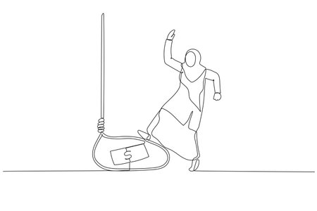 Illustration of muslim business woman tricked with money bait get trap because greedy. Single continuous line art styleのイラスト素材