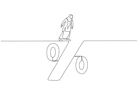 Drawing of muslim business woman looking into deep hole of interest loan percentage debt trap. One continuous line art styleのイラスト素材