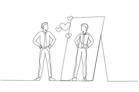Cartoon of businessman looking into mirror self loving mental health. One line art styleのイラスト素材