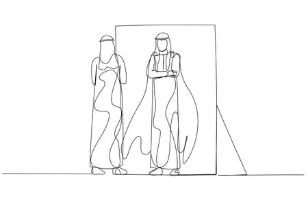 Cartoon of arab man reflect self looking into inner strength in mirror. Continuous line artのイラスト素材