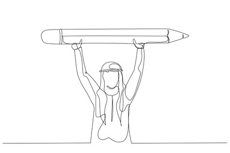 Illustration of businesswoman raise big pencil concept of creativity and education. Single continuous line art styleのイラスト素材