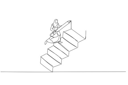 Drawing of muslim woman using pencil to draw big stair to climb up to success concept of ambition. Single continuous line art styleのイラスト素材