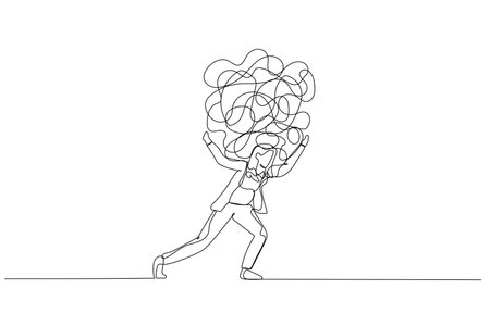 Cartoon of businesswoman carrying heavy messy line on his back metaphor of stress from work. One line art styleのイラスト素材