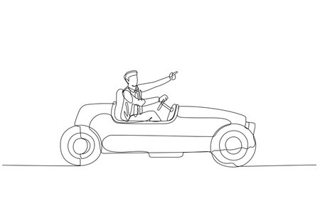 Cartoon of businessman driving red vintage roadster car concept of business success and leadership. One line art styleのイラスト素材