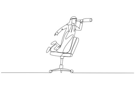 Illustration of arab businessman riding office chair using telescope. metaphor for business vision. Single continuous line art styleのイラスト素材