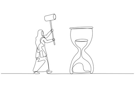 Drawing of muslim woman with hammer try to hit hourglass. Concept of time management. One continuous line art styleのイラスト素材