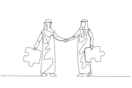 Illustration of arab businessman with puzzles briefcases shake hands. Concept of business connection. One continuous line art styleのイラスト素材