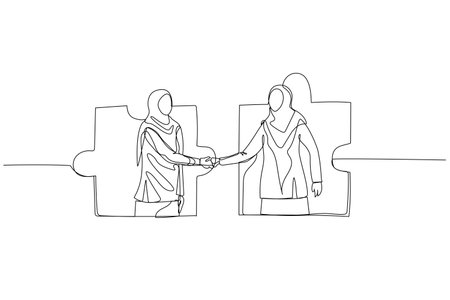Cartoon of muslim woman inside jigsaw puzzle shake hand together. Concept of business agreement. Single line art styleのイラスト素材
