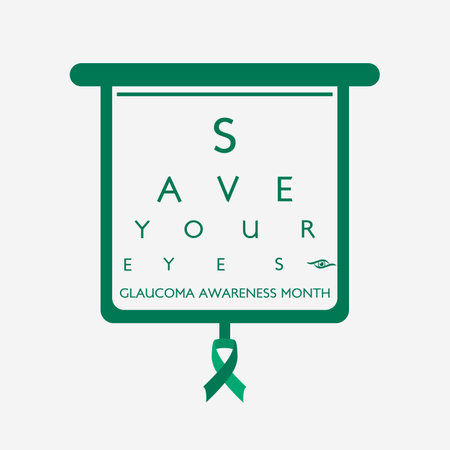 Glaucoma Awareness Month. Vision problems. Save your eyes. Prevention and protection. Green ribbon.のイラスト素材