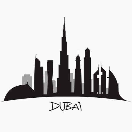 vector illustration of the city of Dubai in the United Arab Emirates, the symbols of the city skyscrapers hotels, stylish graphics.のイラスト素材