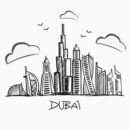 Detailed dubai line vector cityscape with skyscrapers. Uae landmark skyline. Architecture dubai skyscraper illustrationのイラスト素材