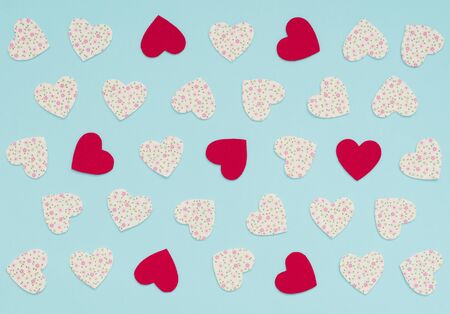 Valentine's Day blue background with lots of felt hearts. Greeting or invitation card. Wedding,...
