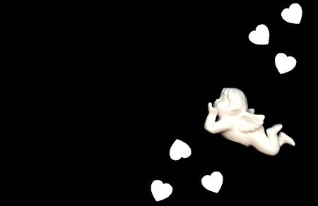 White Cupid with white hearts on black background. Male holiday concept. Valentineâ€™s Day,...