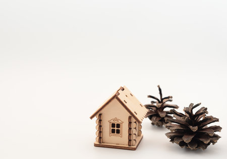Wooden house with pine cones like a tree on white background. Staying at home during Christmas, New Year holidays concept. Isolation and coronavirus pandemic in the world. Winter card.の写真素材