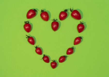 Heart made of small red organic tomatoes on green background. Healthy eating concept. Vegan alternatives of Valentines cake. Minimal flat lay.の写真素材