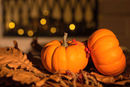 Orange pumpkins on brown leaves against blurred fireplace. Selective focus. Autumn, Halloween...