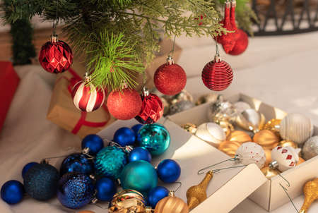 Christmas and New Year background. Close-up Xmas tree with decorations against blurred background...