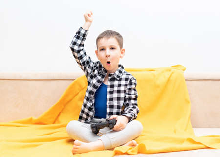 The child boy in checked shirt sitting on the couch with black joystick in his hands emotionally playing the video game. Playing video games at home conceptの写真素材