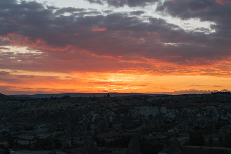 Amazing orange sunrise in Cappadocia, Turkey with soft selective focus. Beauty of nature conceptの写真素材