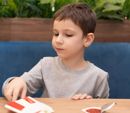 Child boy eating his French fries with ketchup in the cafe. Junk food, unhealthy eating concept