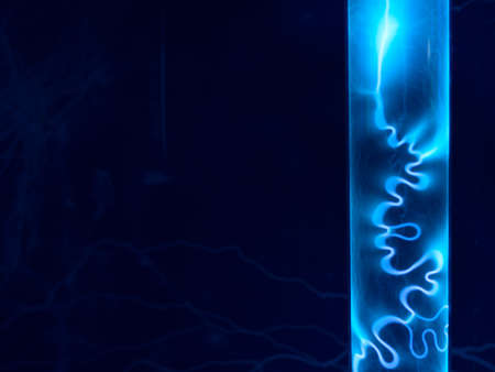 Defocused abstract background with blue neon light. Card with copy spaceの写真素材
