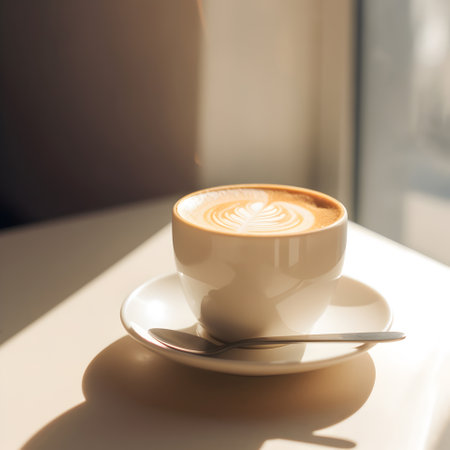 Cup of hot cappuccino coffee with milk foam on the table with natural light from the window. Good morning concept. Generated ai.の素材