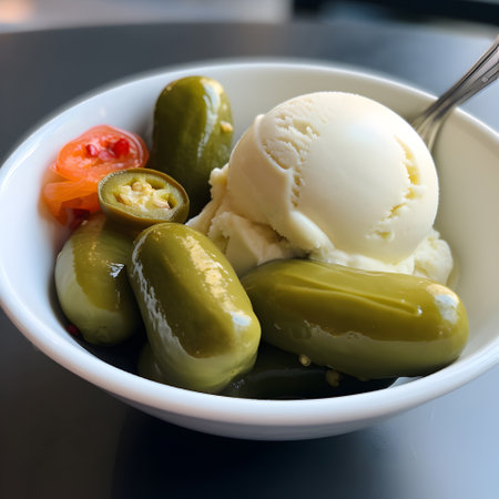 Vanilla ice cream with pickles in a bowl with a spoon on the table close up with selective focus. Unusual food concept. Generated ai.の素材