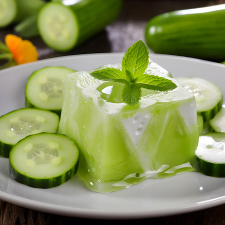 Delicious dessert with fresh cucumbers on white plate on black background close up with selective focus. Generated ai.の素材