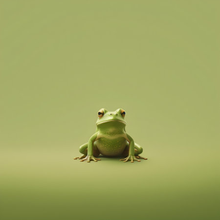 Small green frog on green background. Wild life minimalism concept. Generated ai.の素材