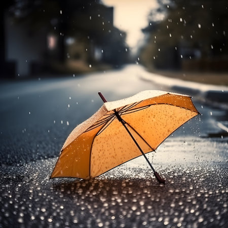 Orange umbrella with water drops on the road during rain. Fall or autumn concept. Generated ai.の素材