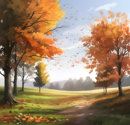 Illustration background with autumn forest landscape. Gold color tree, orange foliage in fall park. Golden autumn in the city. Start of Fall concept. Generated ai.の素材