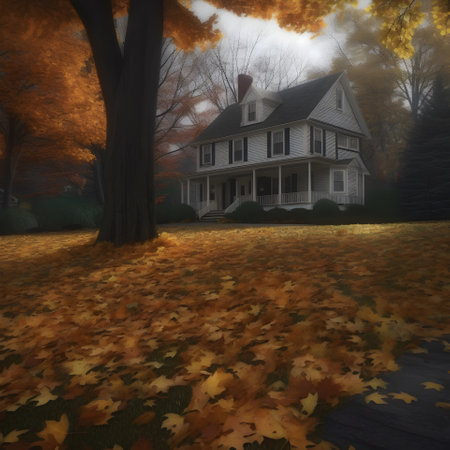 Defocused background with autumn forest landscape with white house. Gold color tree, orange foliage in fall park. Golden autumn in the city. Start of Fall concept. Generated ai.の素材