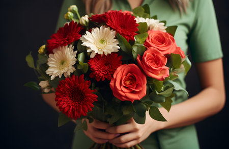 Big beautiful bouquet of red and white flowers close up in woman hands on green background. Date, Valentine Day or other holiday or event concept. Generated ai.の素材