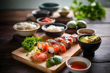 Prepared ingredients for cooking asian food rolls or sushi close up on black background. Selective focus. Asian food concept. Generated ai.の素材