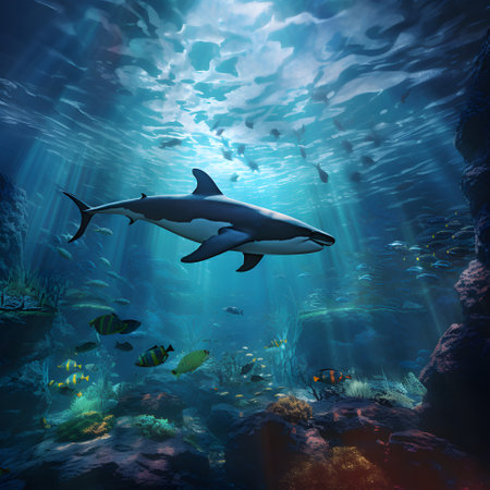 Big shark and other animal of the underwater sea world with selective focus. Deep blue ocean background, ecosystem concept. Generated ai.の素材
