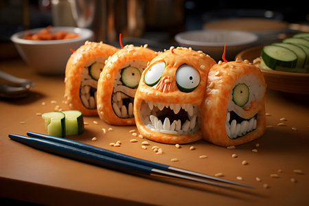 Funny asian food rolls with eyes and teeth close up on wooden table. Selective focus. Halloween asian food concept. Generated ai.の素材
