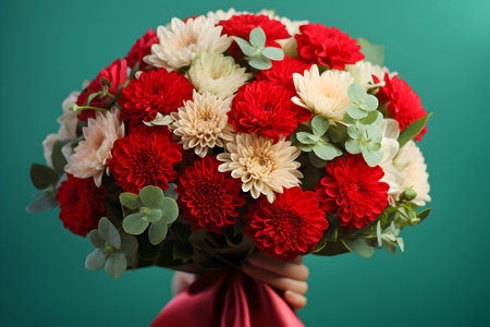 Big beautiful bouquet of red and white flowers close up in woman hands on green background. Date, Valentine Day or other holiday or event concept. Generated ai.の素材