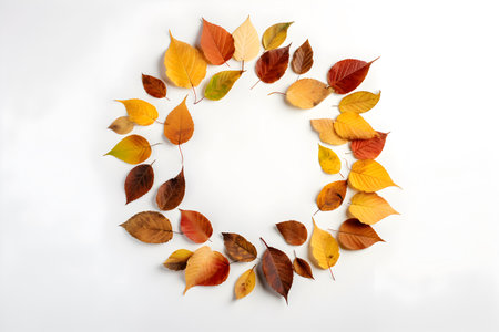 Bright autumn leaves on white background view from above, flat lay style with copy space. Minimal floral composition. Autumn leaves frame. Generated ai.の素材
