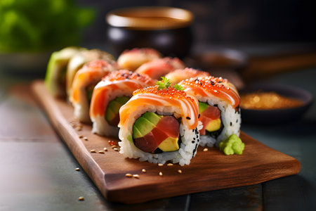 Asian food rolls or sushi close up on wooden board. Selective focus. Asian food concept. Generated ai.の素材