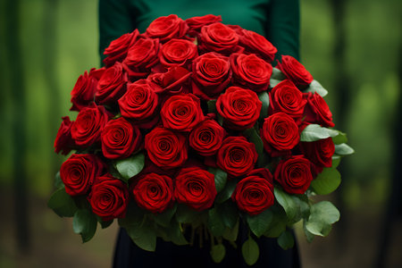 Big beautiful bouquet of red roses flowers close up in woman hands on green background. Date, Valentine Day or other holiday or event concept. Generated ai.の素材