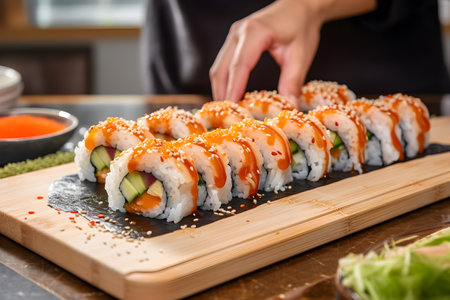 Process of cooking asian food rolls or sushi close up on by chef. Selective focus. Asian food concept. Generated ai.の素材